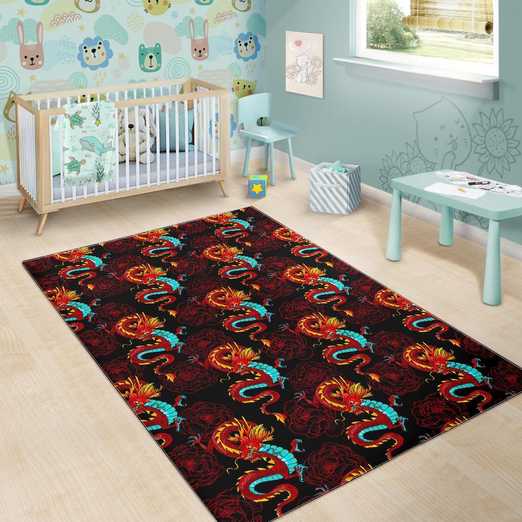 Red Dragon Lotus Pattern Print Area Rug