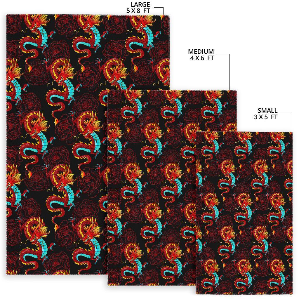 Red Dragon Lotus Pattern Print Area Rug