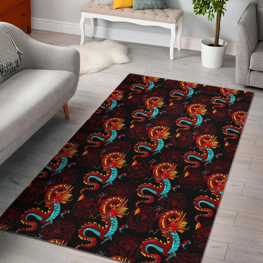Red Dragon Lotus Pattern Print Area Rug