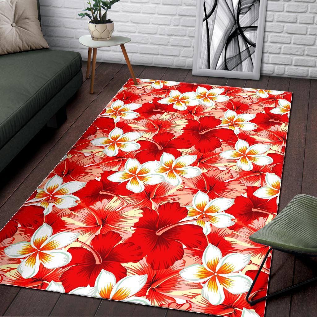 Red Hibiscus Plumeria Pattern Print Area Rug