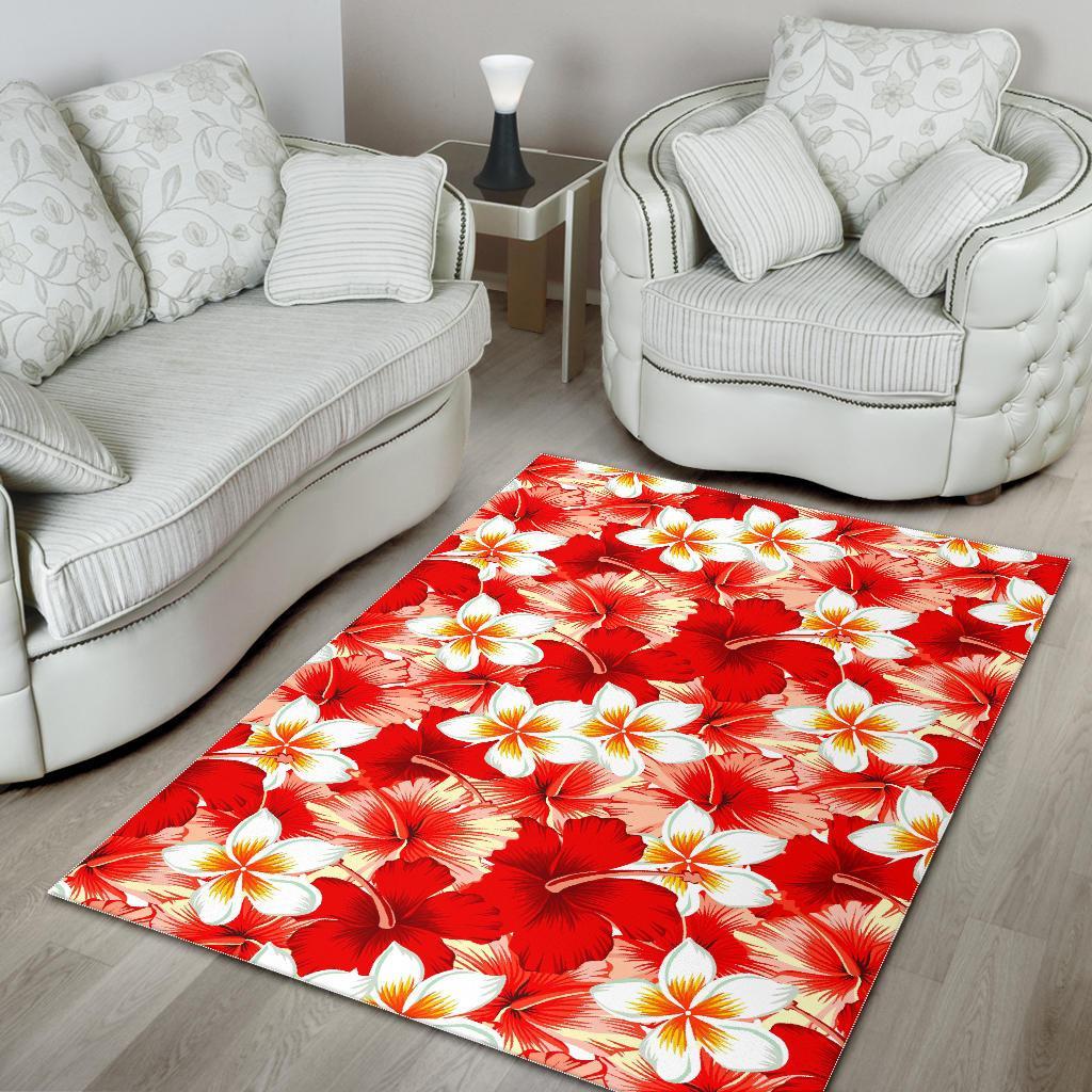 Red Hibiscus Plumeria Pattern Print Area Rug