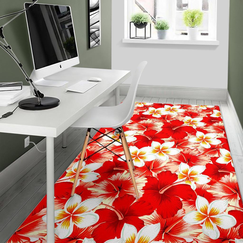 Red Hibiscus Plumeria Pattern Print Area Rug