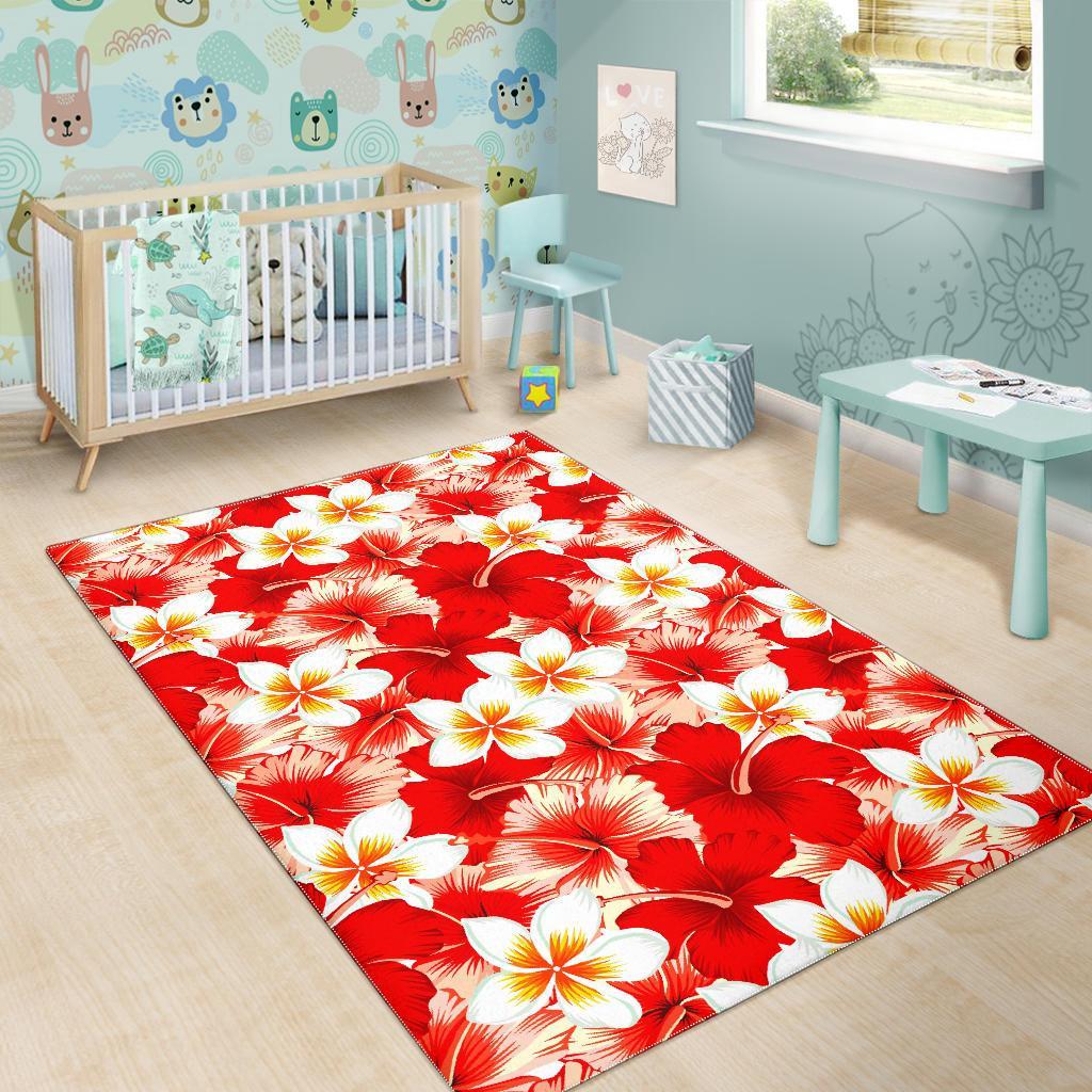Red Hibiscus Plumeria Pattern Print Area Rug