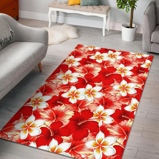 Red Hibiscus Plumeria Pattern Print Area Rug