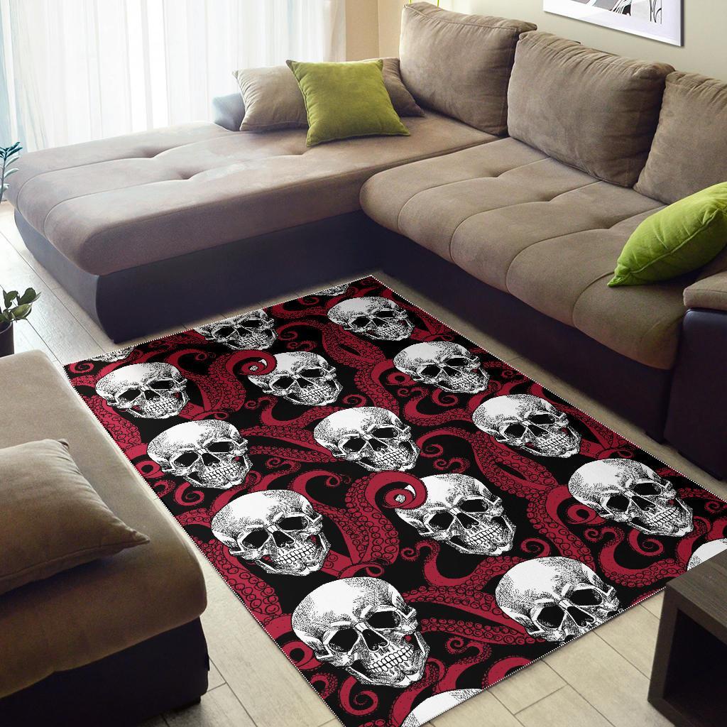 Red Octopus Skull Pattern Print Area Rug