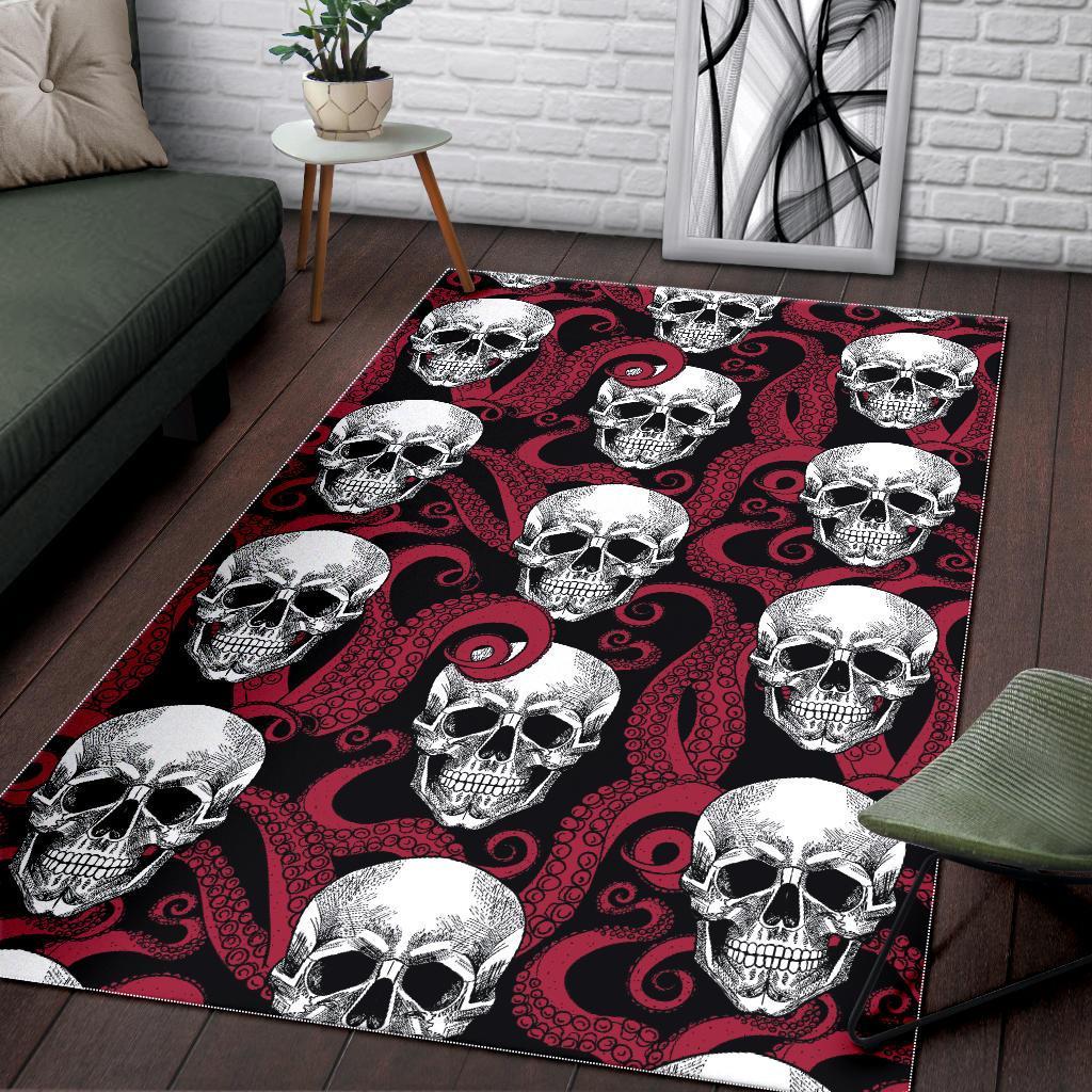 Red Octopus Skull Pattern Print Area Rug