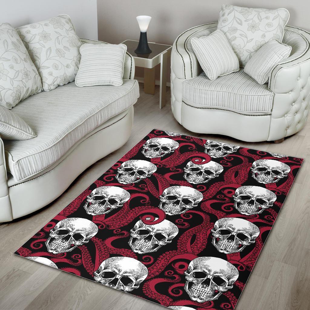 Red Octopus Skull Pattern Print Area Rug