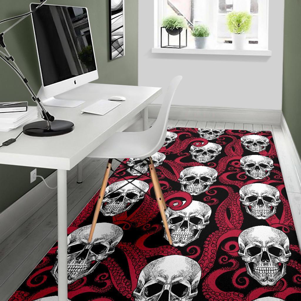 Red Octopus Skull Pattern Print Area Rug