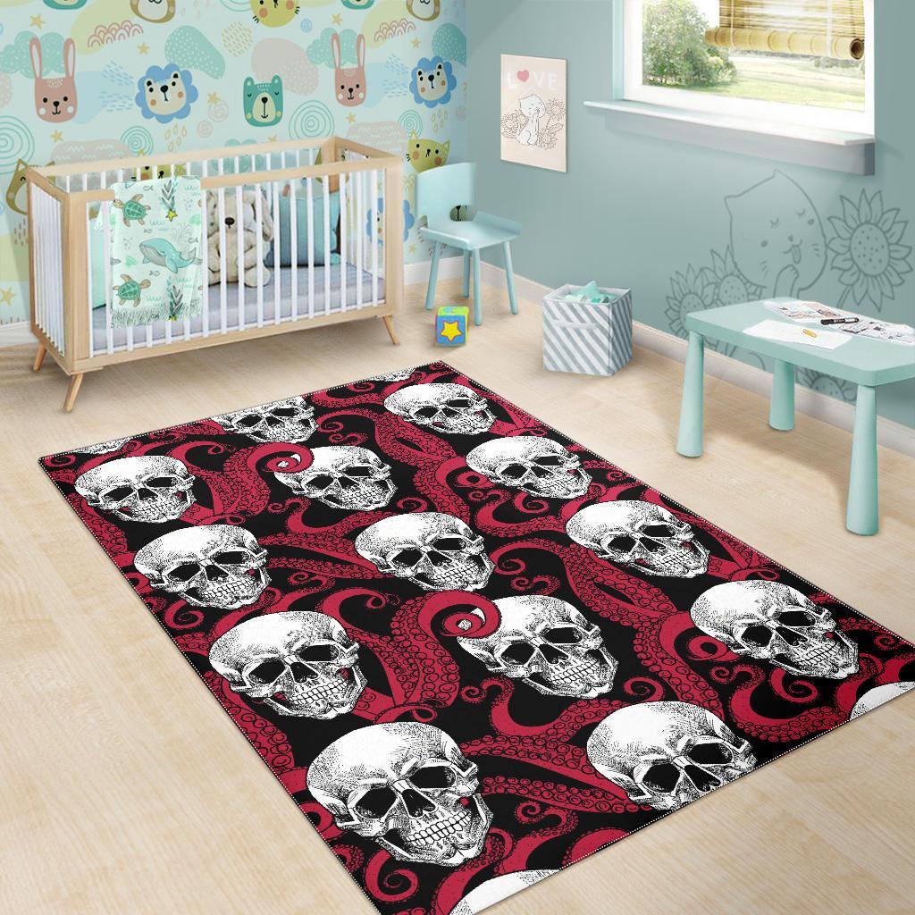 Red Octopus Skull Pattern Print Area Rug