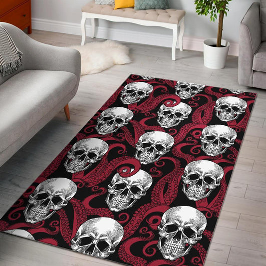 Red Octopus Skull Pattern Print Area Rug