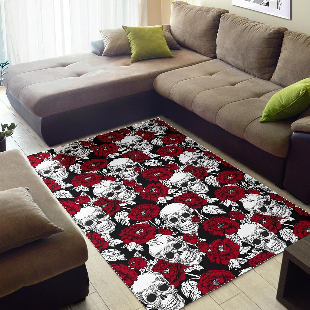 Red Peony Skull Pattern Print Area Rug