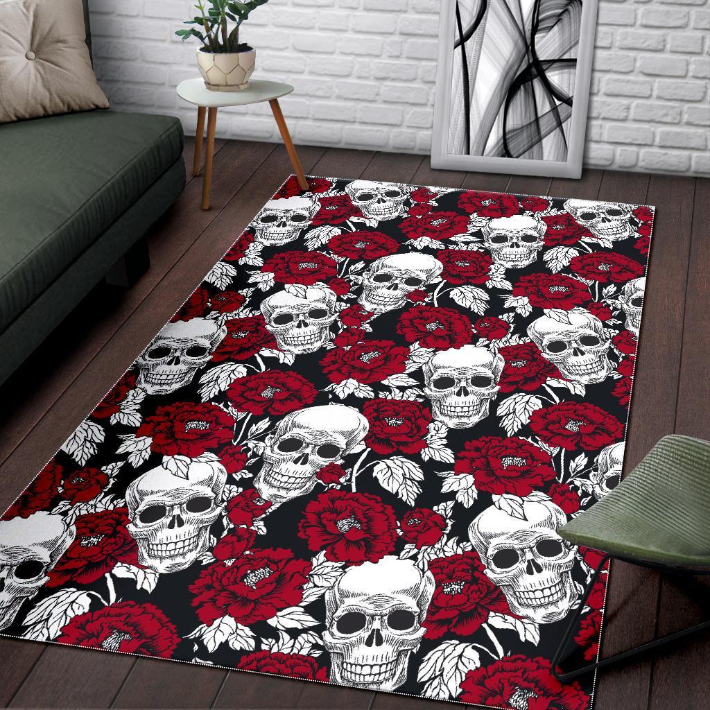 Red Peony Skull Pattern Print Area Rug