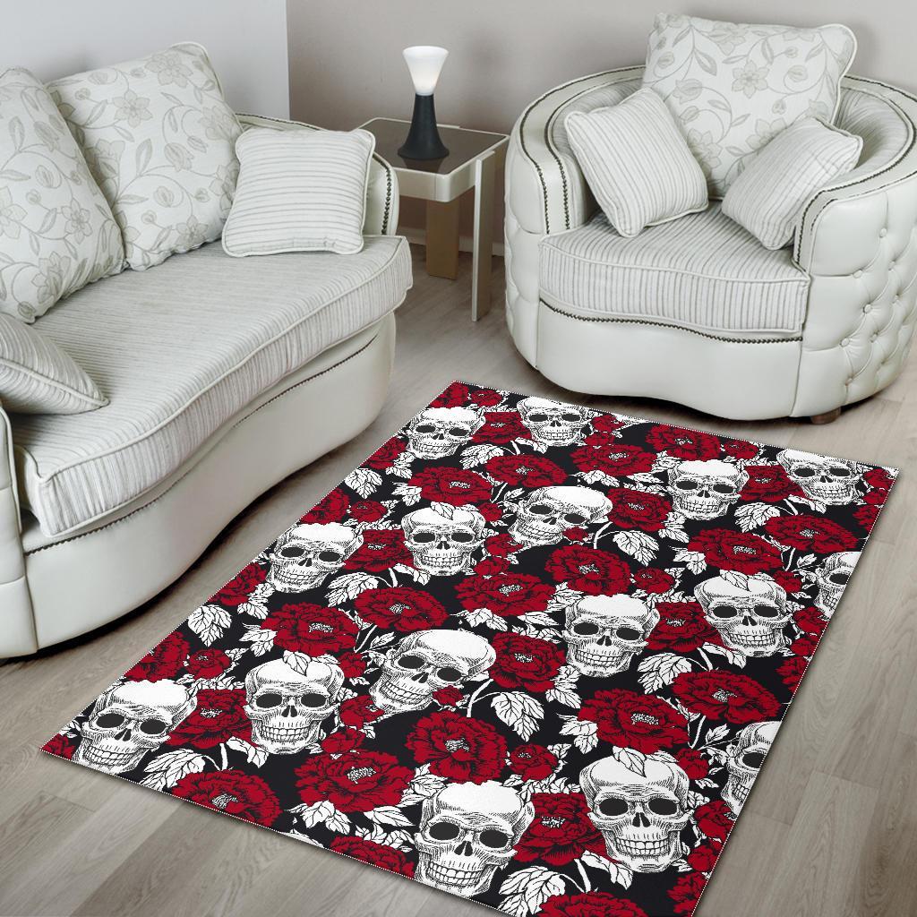 Red Peony Skull Pattern Print Area Rug