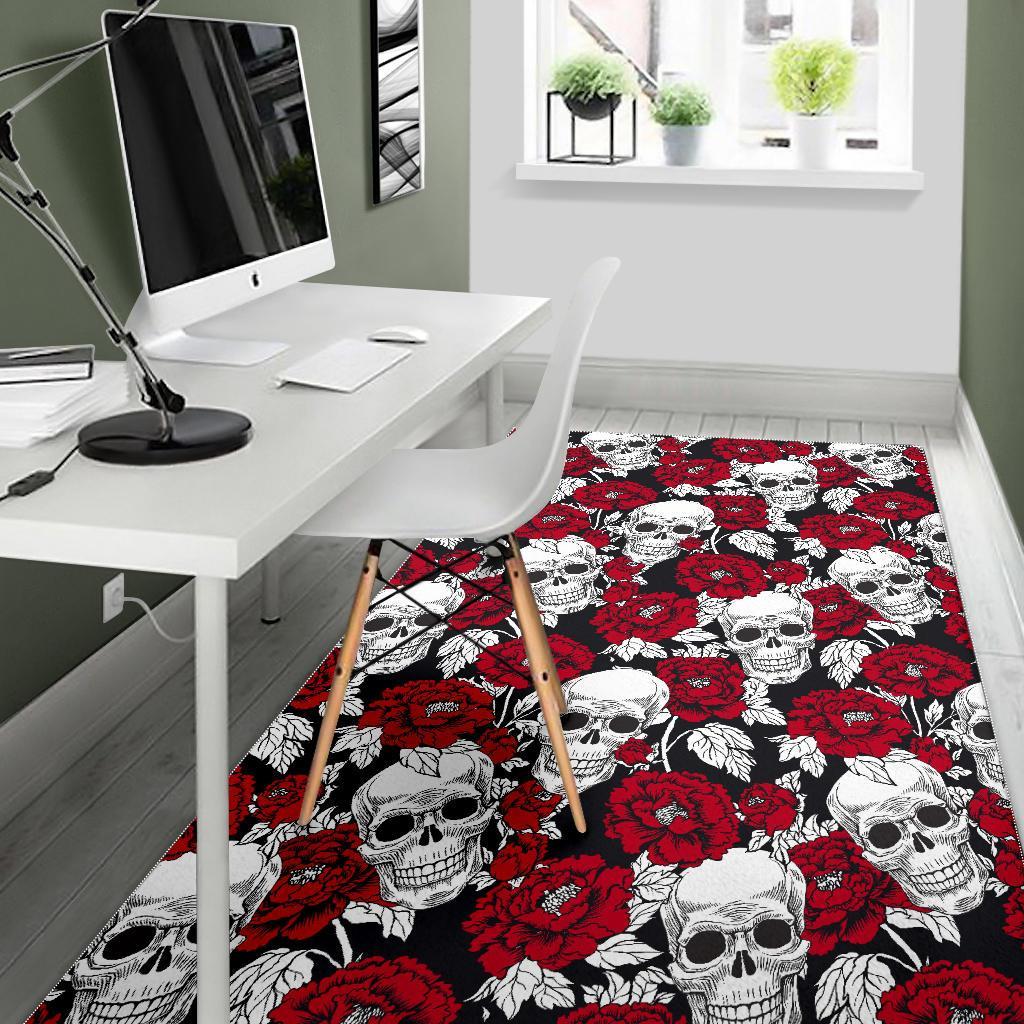 Red Peony Skull Pattern Print Area Rug