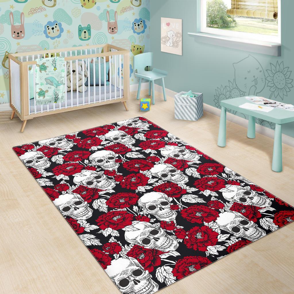 Red Peony Skull Pattern Print Area Rug