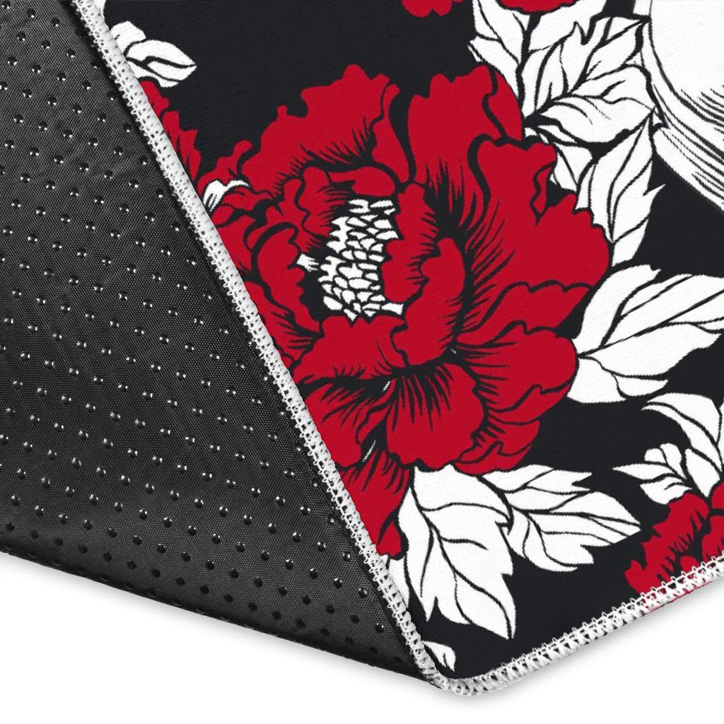 Red Peony Skull Pattern Print Area Rug