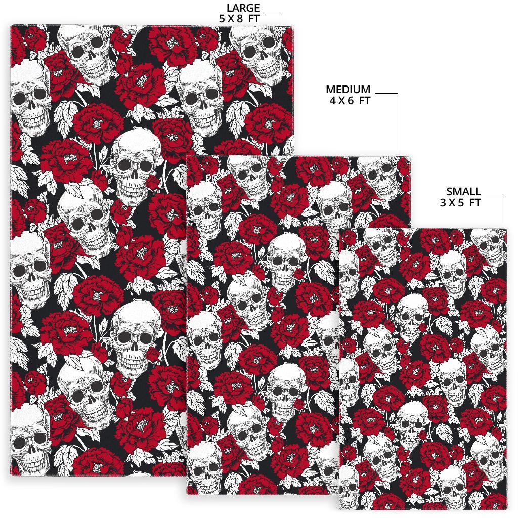 Red Peony Skull Pattern Print Area Rug