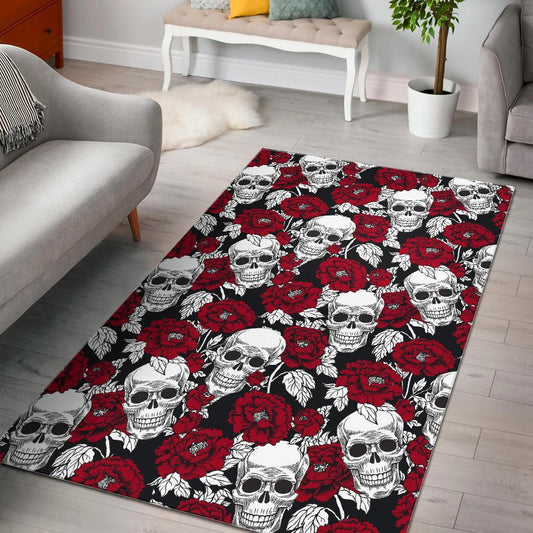 Red Peony Skull Pattern Print Area Rug