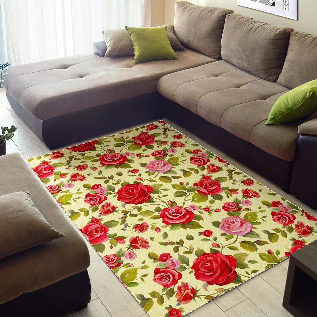 Red Pink Rose Floral Pattern Print Area Rug