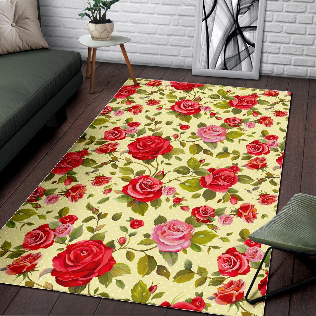 Red Pink Rose Floral Pattern Print Area Rug