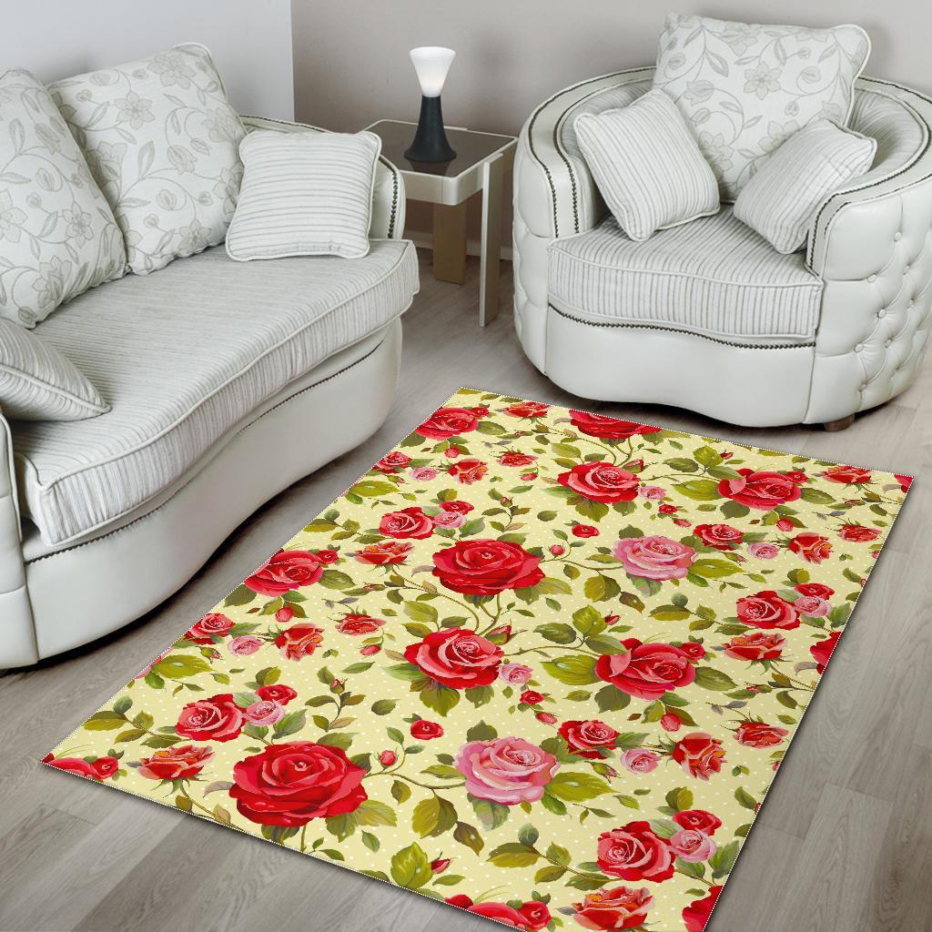 Red Pink Rose Floral Pattern Print Area Rug