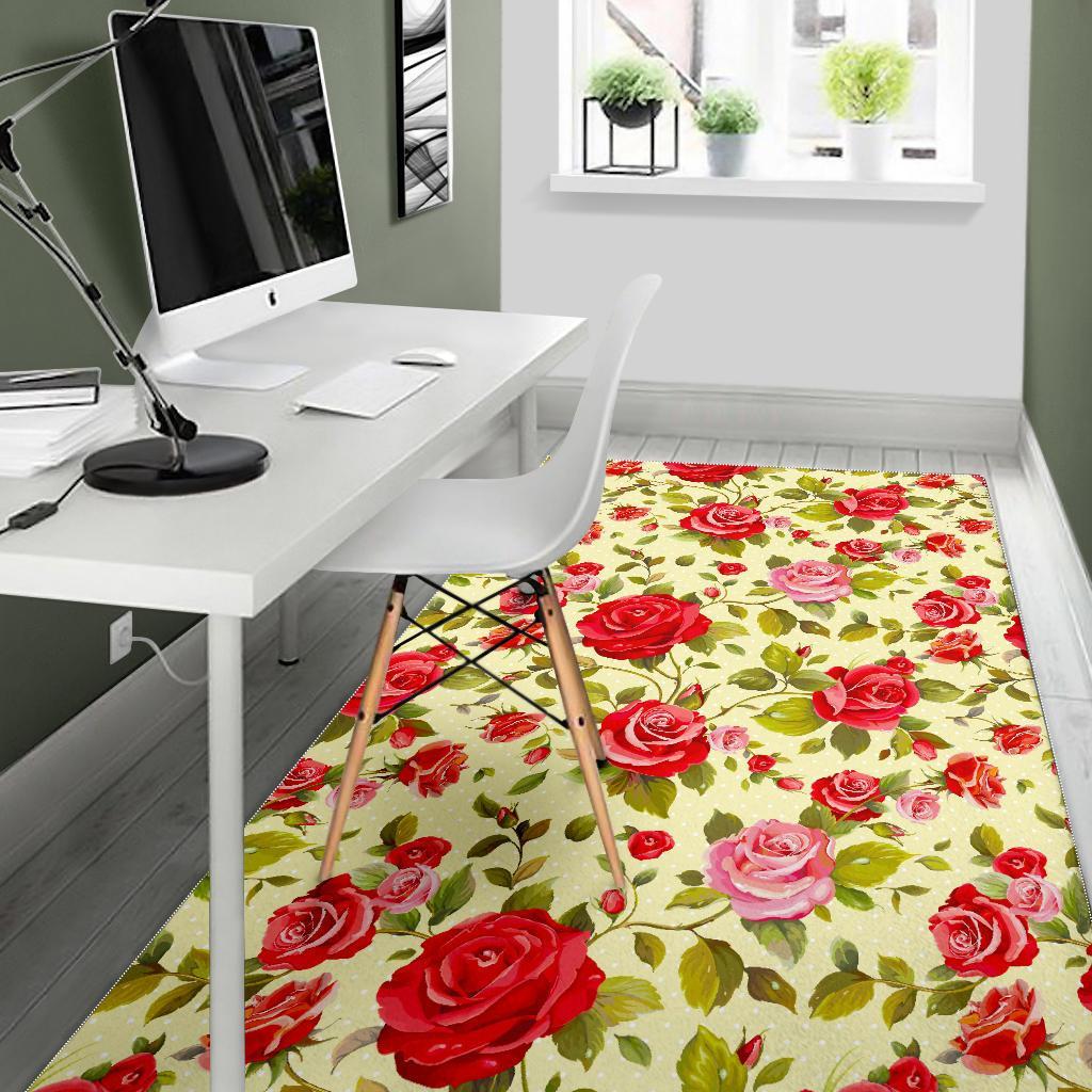 Red Pink Rose Floral Pattern Print Area Rug