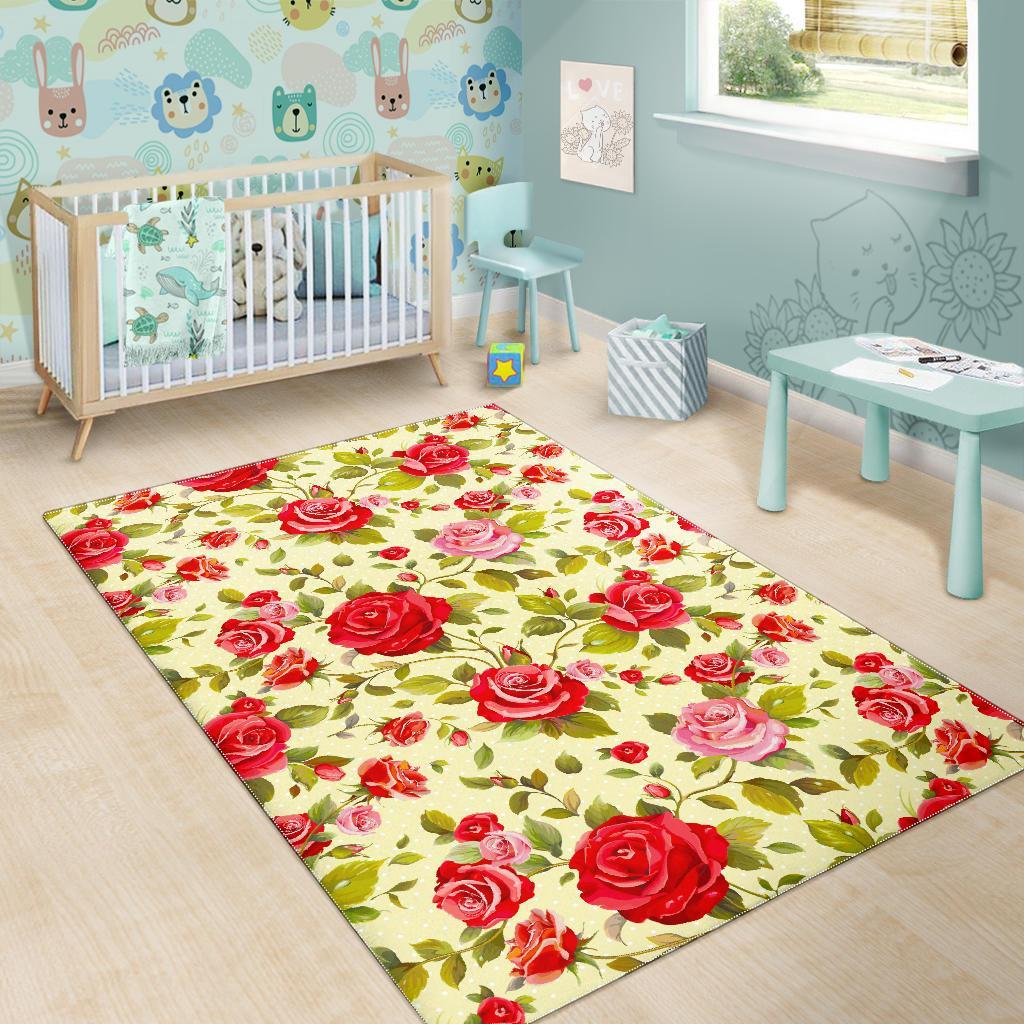 Red Pink Rose Floral Pattern Print Area Rug