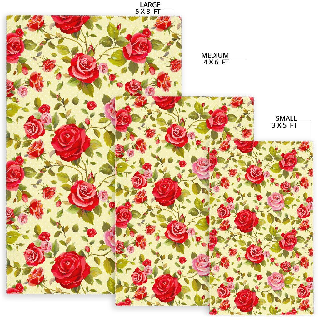 Red Pink Rose Floral Pattern Print Area Rug