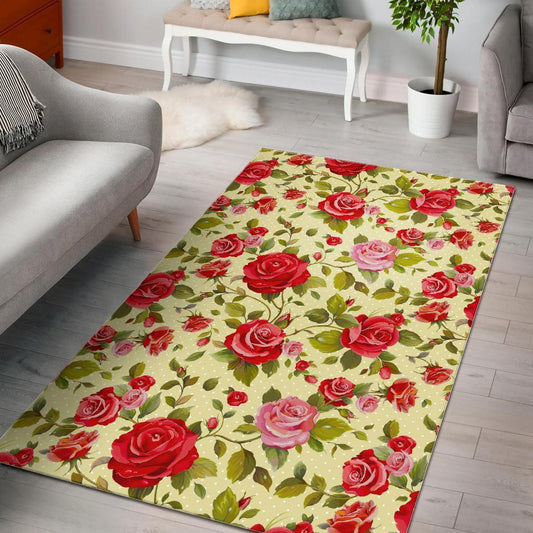 Red Pink Rose Floral Pattern Print Area Rug