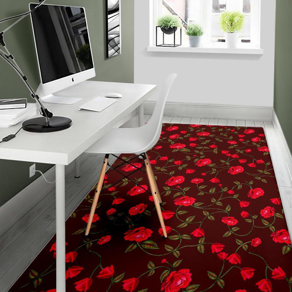 Red Rose Floral Flower Pattern Print Area Rug