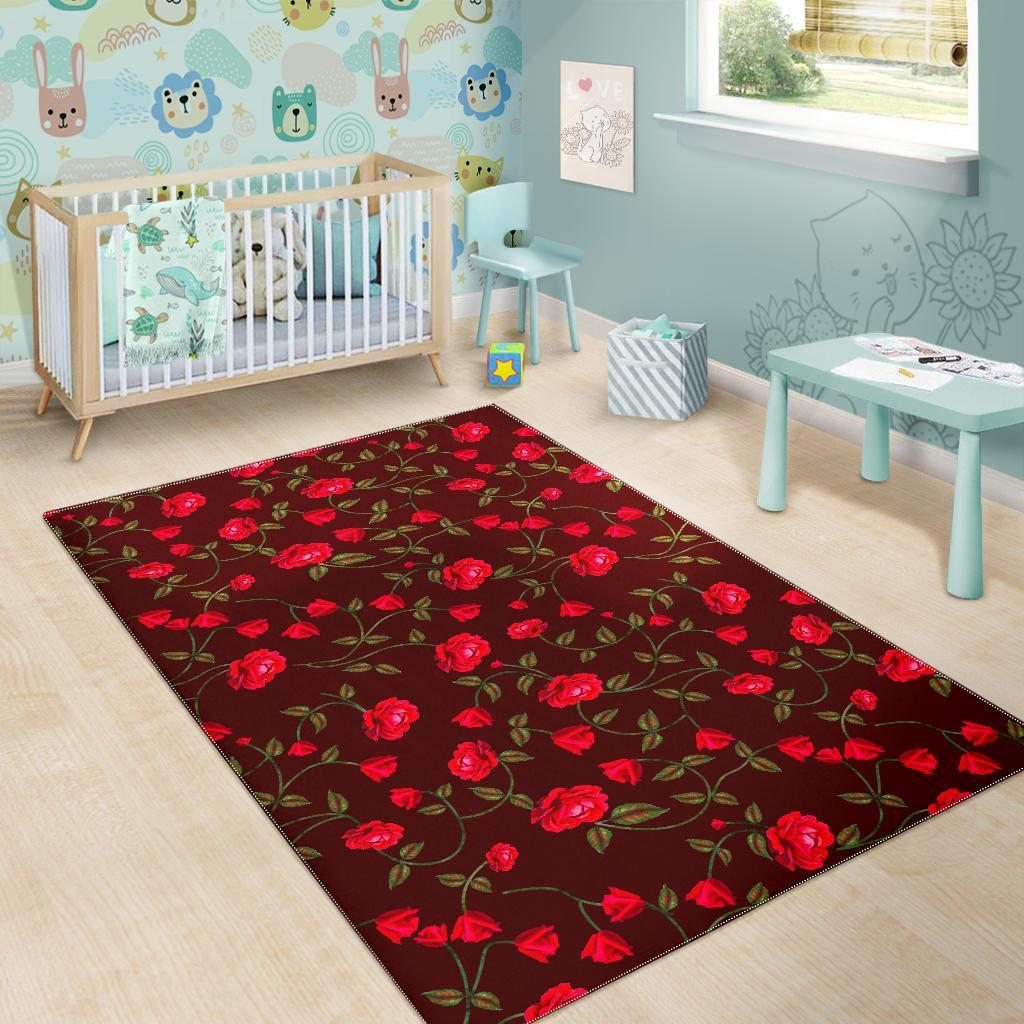 Red Rose Floral Flower Pattern Print Area Rug