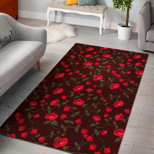 Red Rose Floral Flower Pattern Print Area Rug