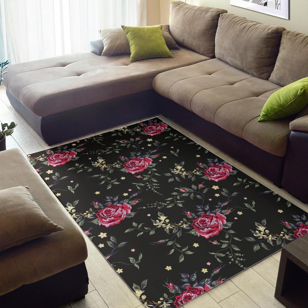 Red Rose Floral Pattern Print Area Rug