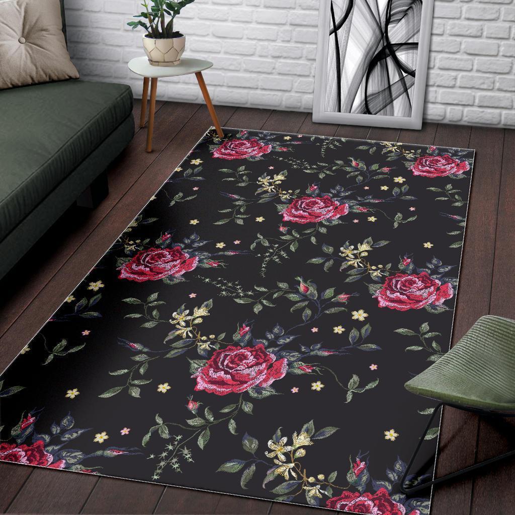 Red Rose Floral Pattern Print Area Rug