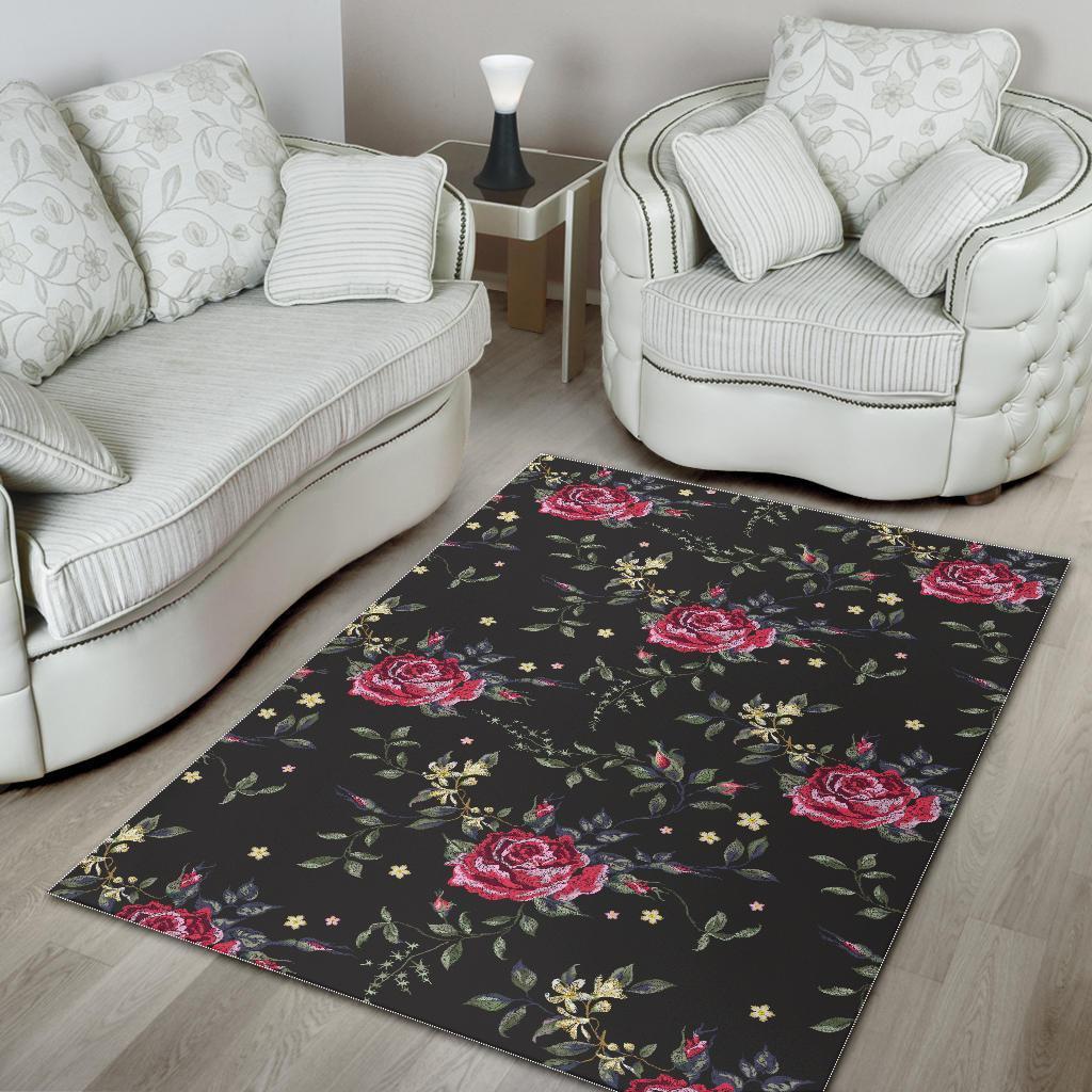 Red Rose Floral Pattern Print Area Rug