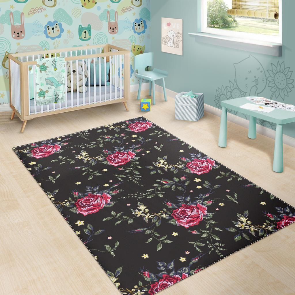 Red Rose Floral Pattern Print Area Rug