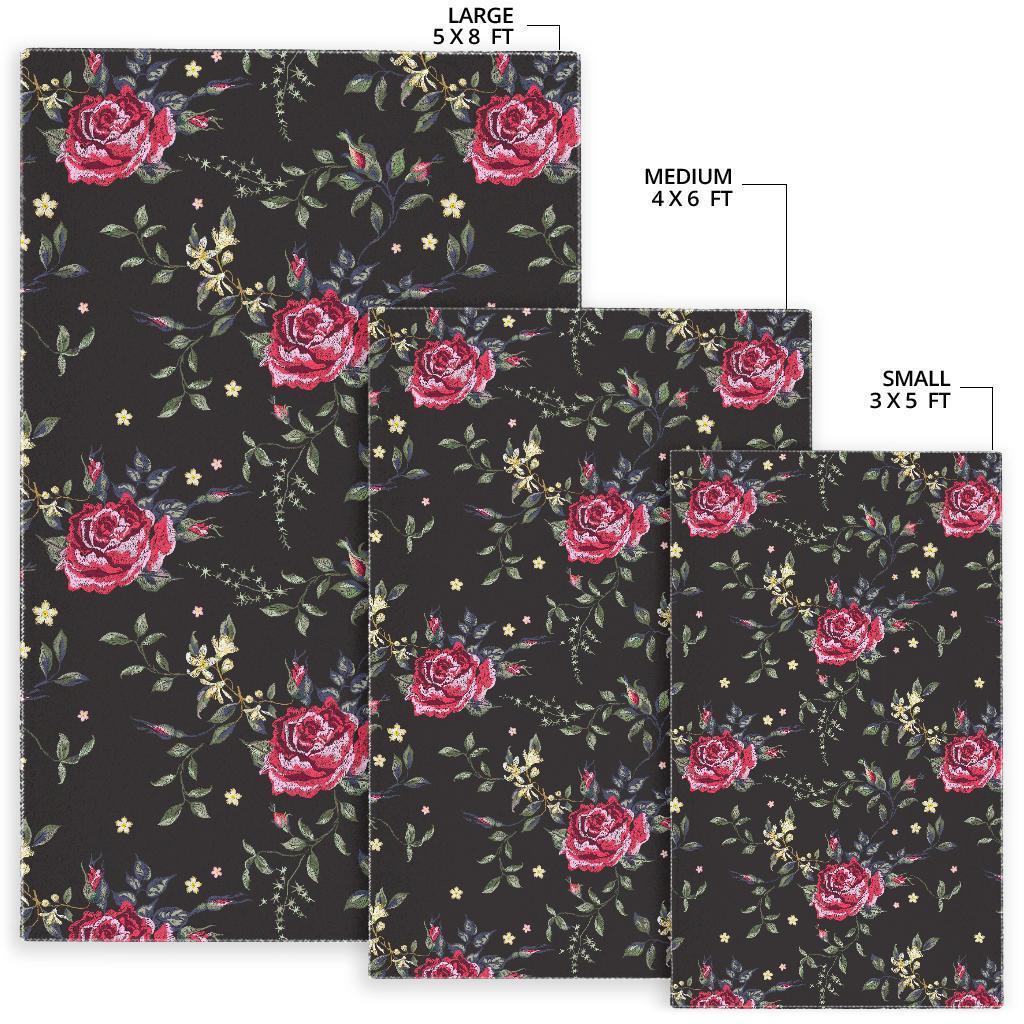 Red Rose Floral Pattern Print Area Rug