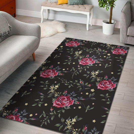 Red Rose Floral Pattern Print Area Rug