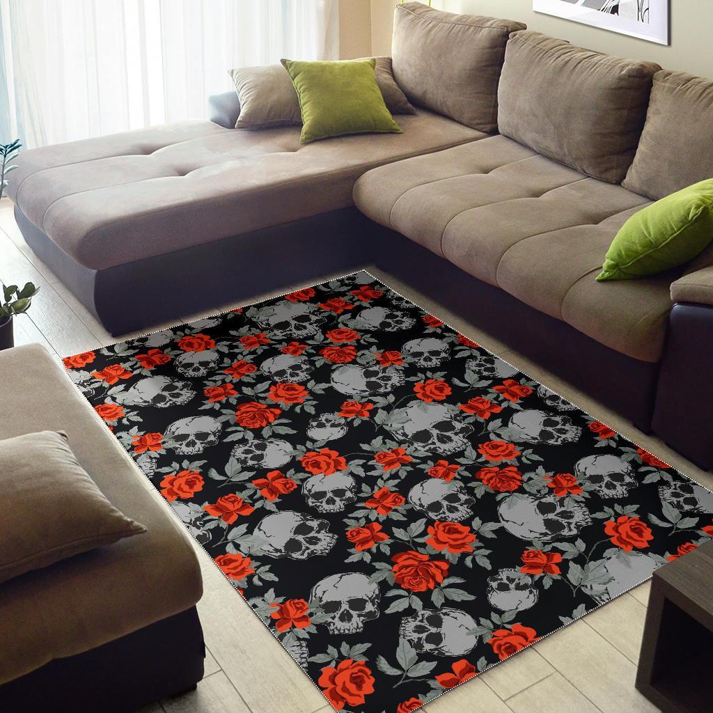 Red Rose Grey Skull Pattern Print Area Rug