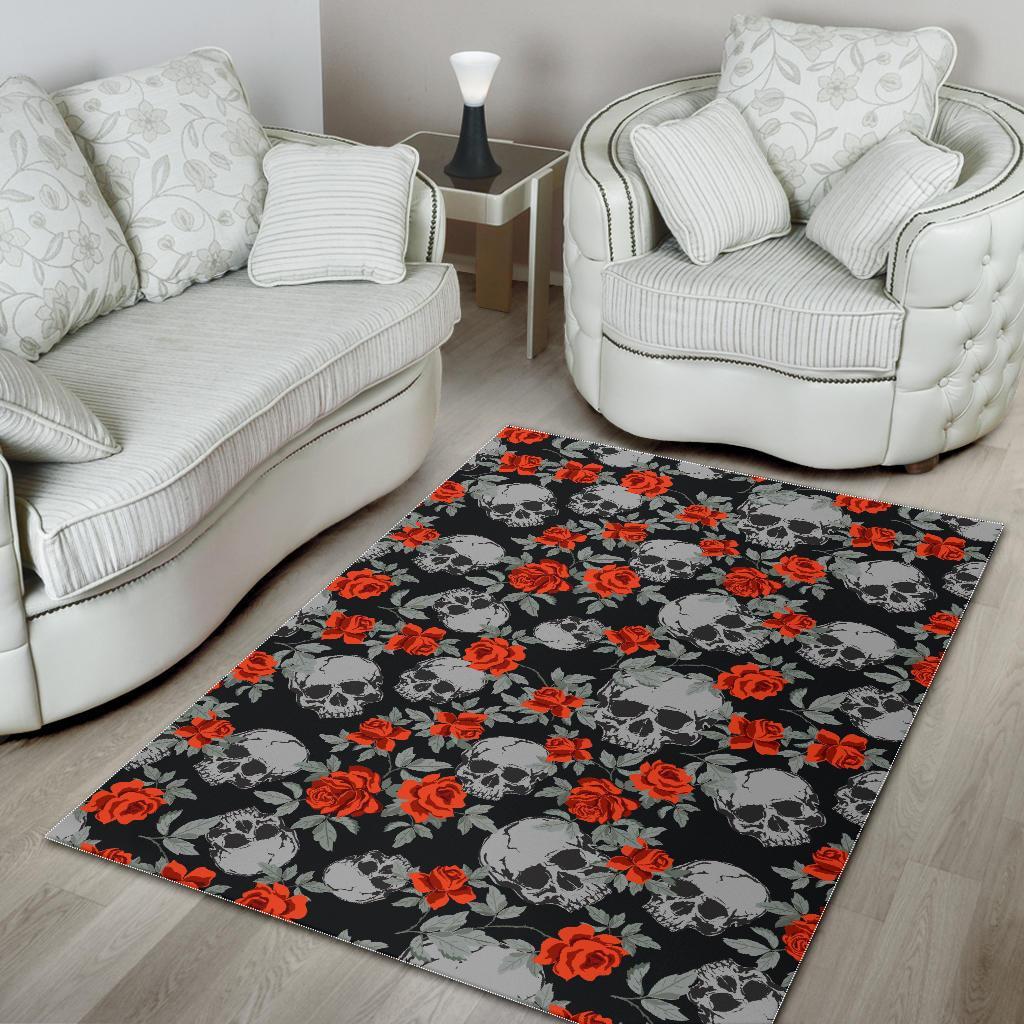 Red Rose Grey Skull Pattern Print Area Rug