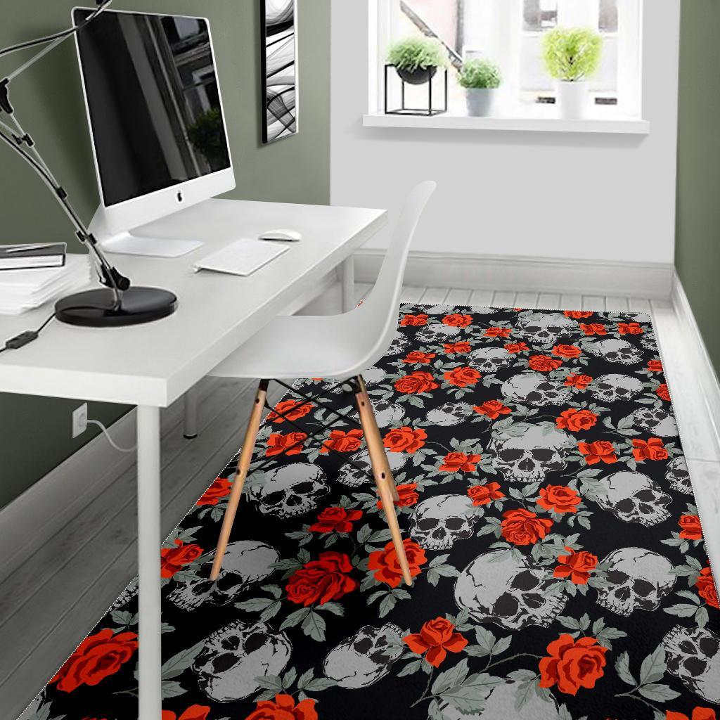 Red Rose Grey Skull Pattern Print Area Rug