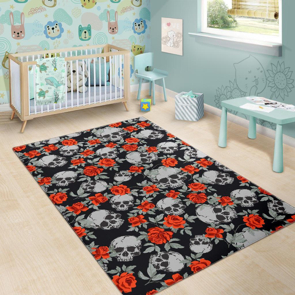 Red Rose Grey Skull Pattern Print Area Rug