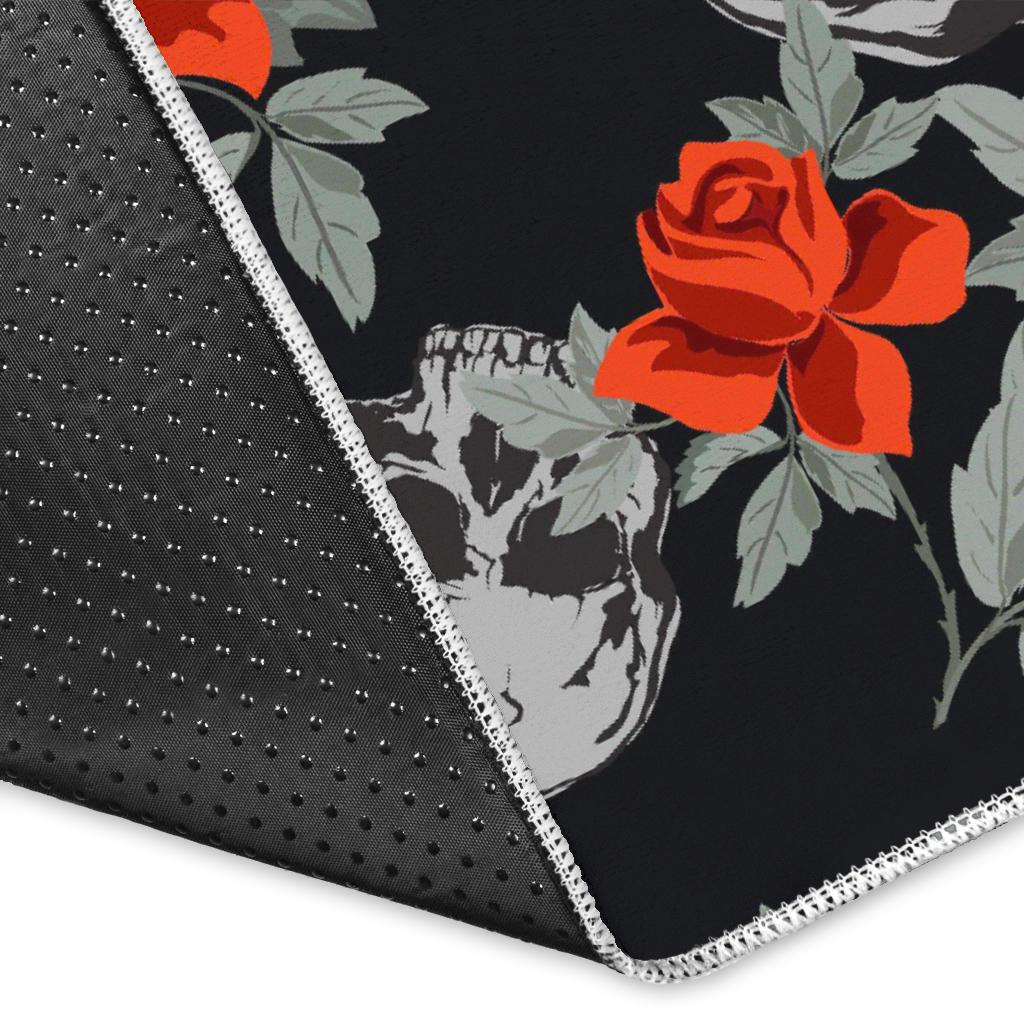 Red Rose Grey Skull Pattern Print Area Rug