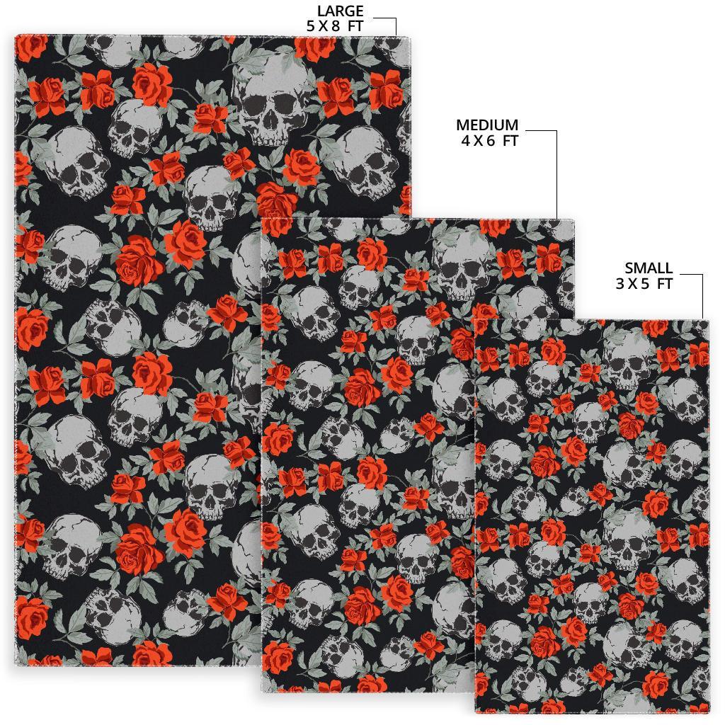 Red Rose Grey Skull Pattern Print Area Rug
