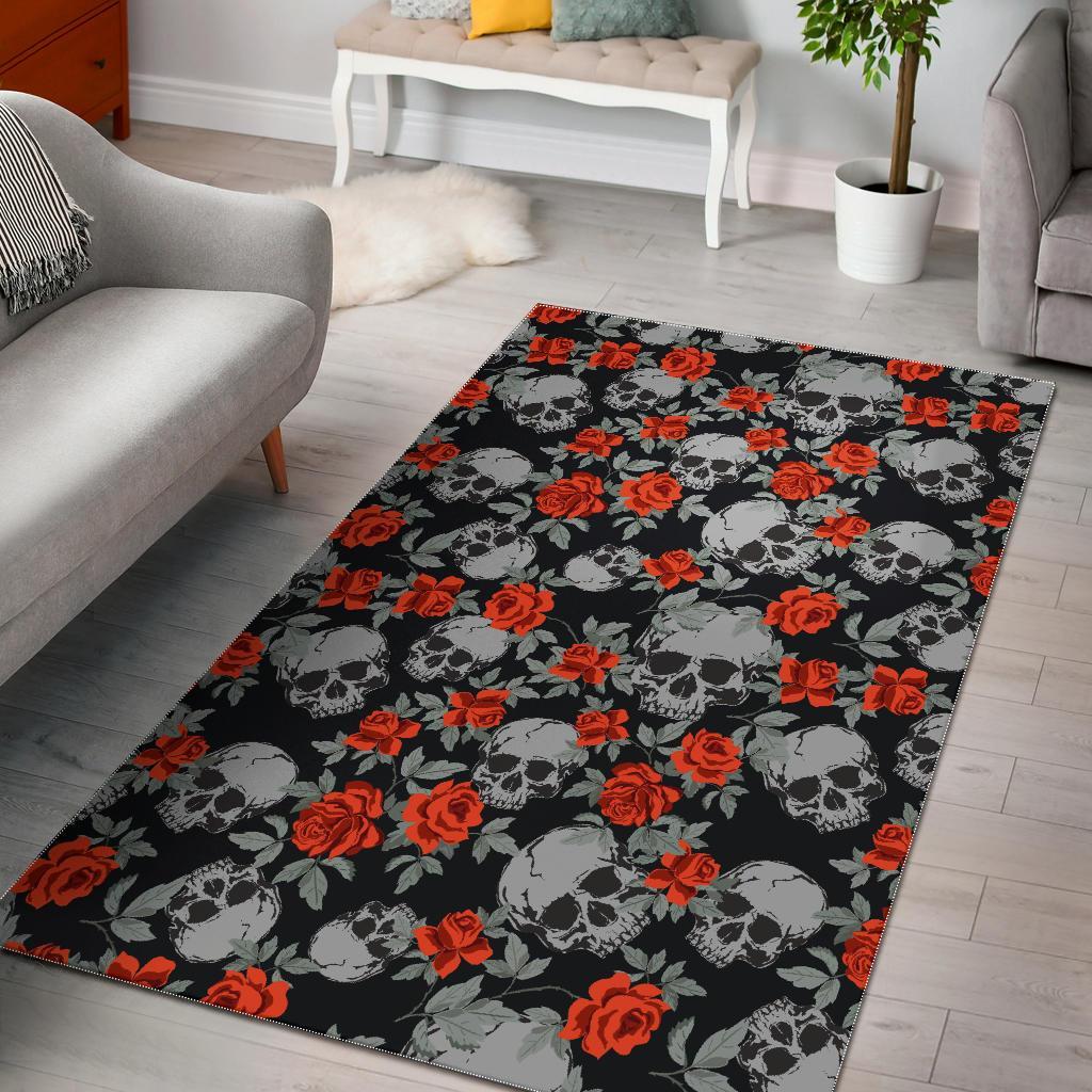 Red Rose Grey Skull Pattern Print Area Rug