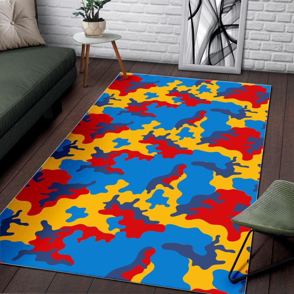 Red Yellow And Blue Camouflage Print Area Rug