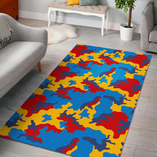 Red Yellow And Blue Camouflage Print Area Rug