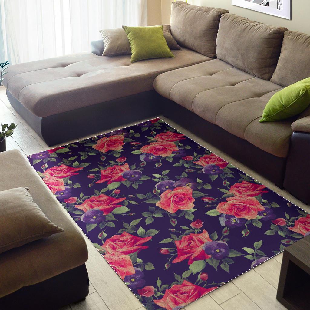 Rose Pansy Floral Flower Pattern Print Area Rug