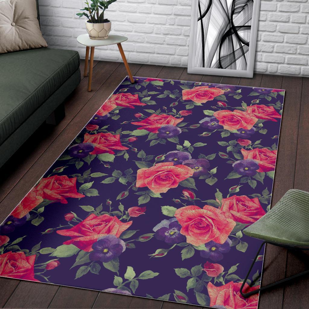 Rose Pansy Floral Flower Pattern Print Area Rug