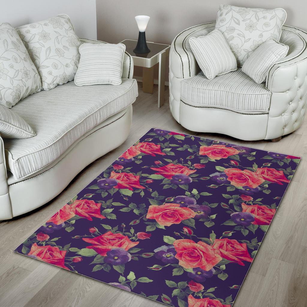 Rose Pansy Floral Flower Pattern Print Area Rug